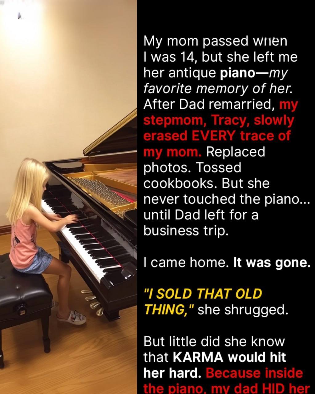 My Stepmom Sold My Late Mom’s Piano to Erase Her — She Never Expected What Came Next
